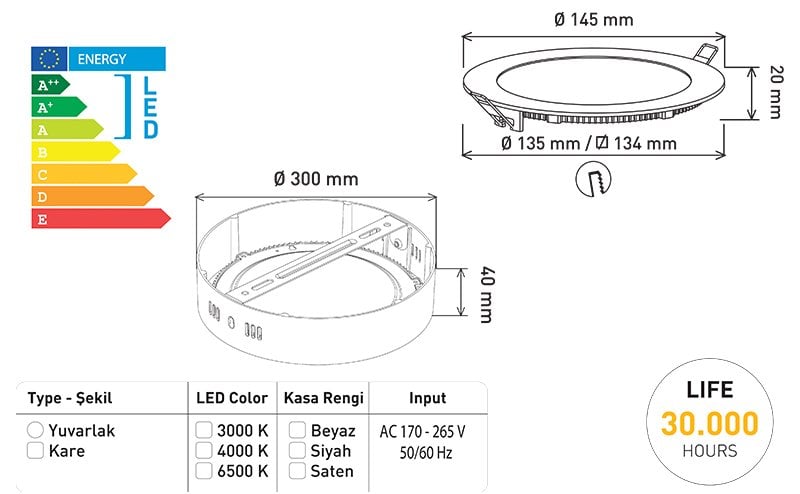  12W Sıva Altı 3000K Günışığı Yuvarlak Slim Led-Eco Panel İçerik