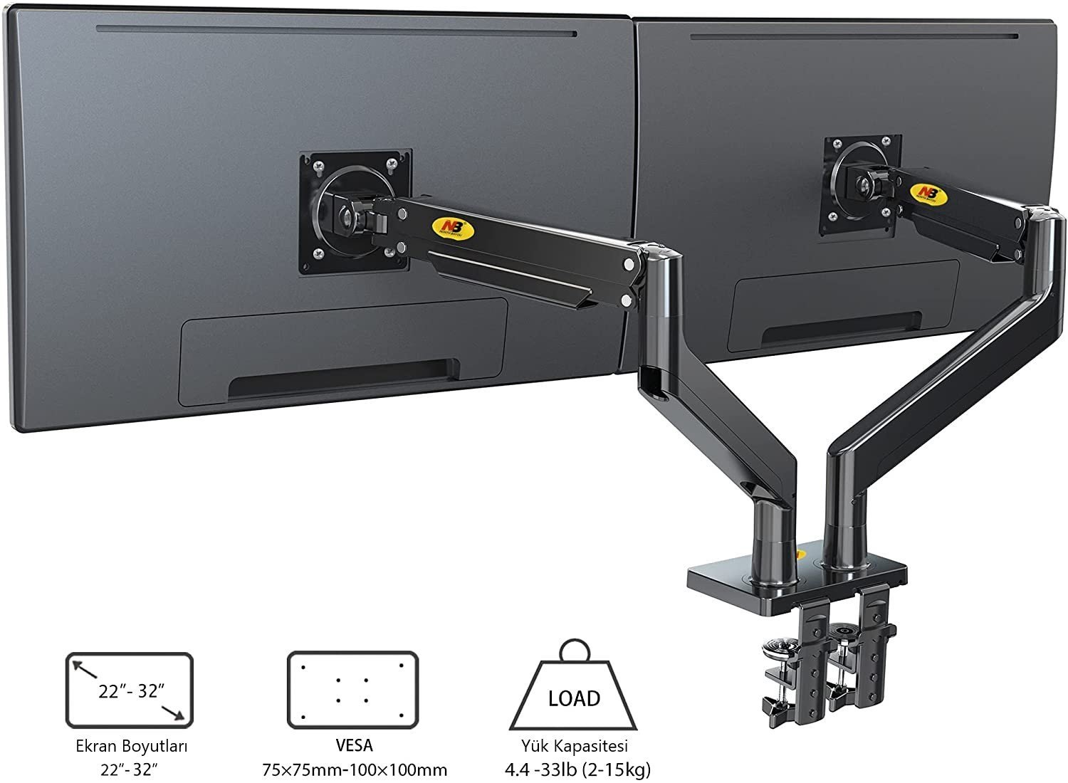  22-32 Amortisörlü Stand Çift Kol Lcd / Led Monitör Tutucu Stand Askı Aparatı G32