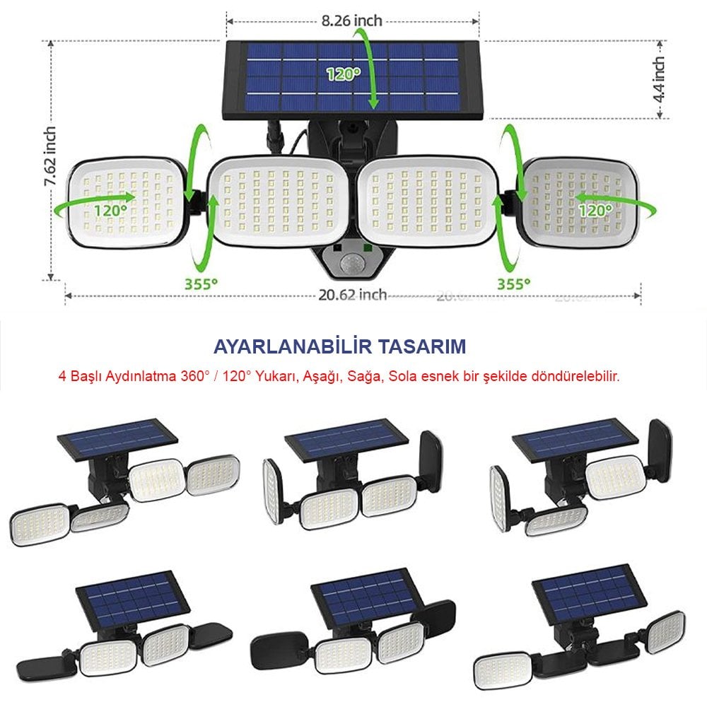  6 Volt - 3 Watt Solar Panelli Hareket Sensörlü 200 SMD Ledli Lamba PM-8048