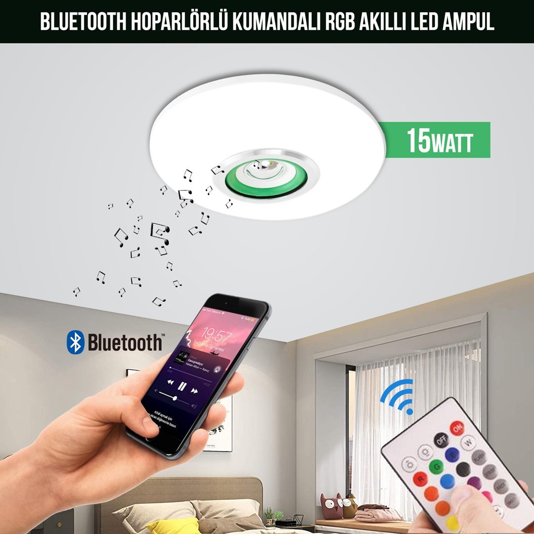  PM-14333 Bluetooth Hoparlörlü Kumandalı 15 Watt RGB Akıllı Led Ampul