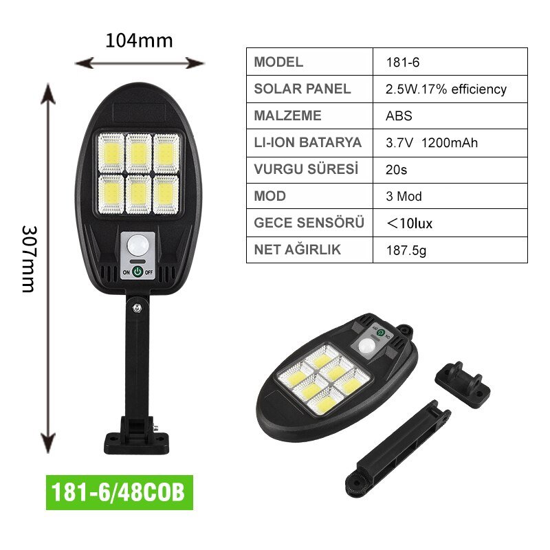  CL-181-6 48 Cob Ledli 3 Modlu Sensörlü Solar Sokak Duvar Lambası İçerik