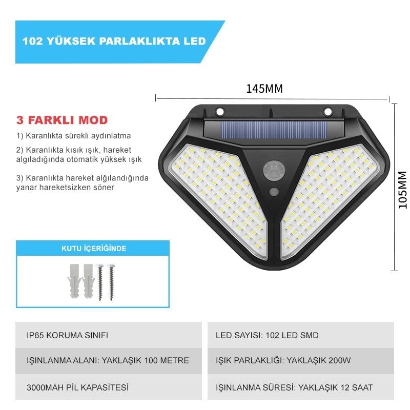  LF-1728A Çok Fonksiyonlu 3 Modlu Hareket Sensörlü 102 Cob Ledli İndüksiyon Duvar Lambası İçerik