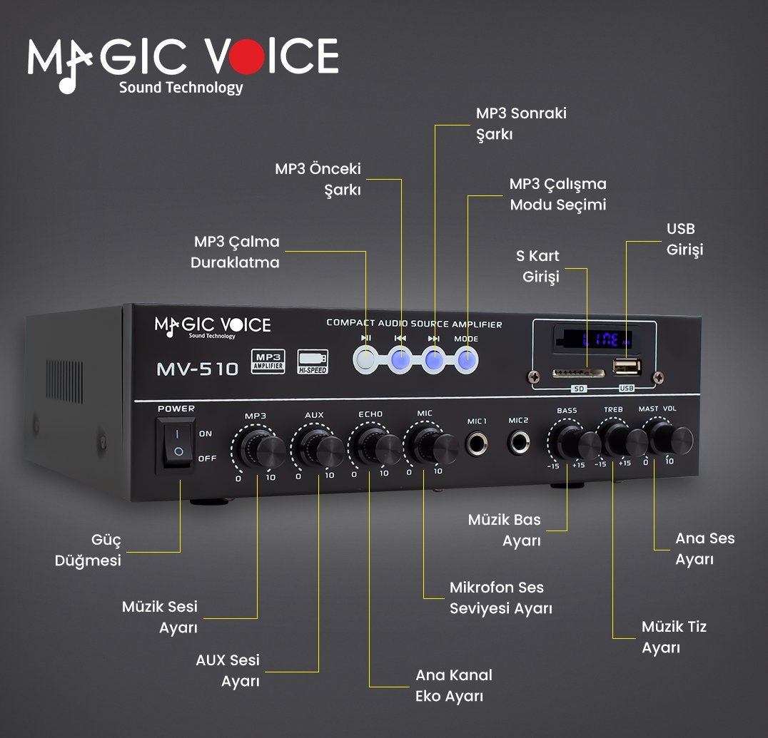 Magicvoice MV-510 50 Watt Usb-Sd-Bluetooth Girişli Hat Trafolu Anfi