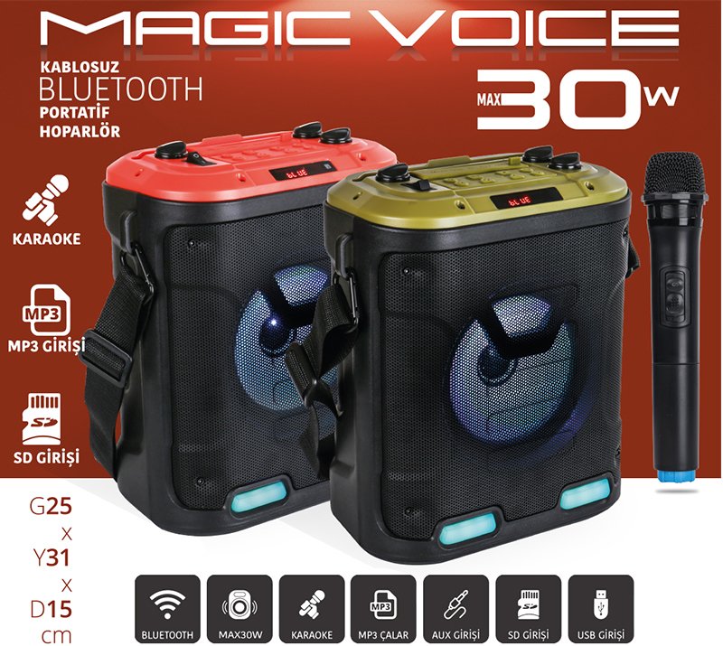 Magicvoice MV-6005 VHF El Mikrofonlu USB-SD-BT Işıklı 30 W Taşınabilir Anfi