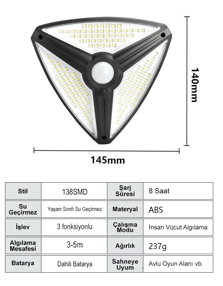  MX-1219A 138 SMD Ledli Sensörlü 3 Modlu Solar Duvar Lambası İçerik