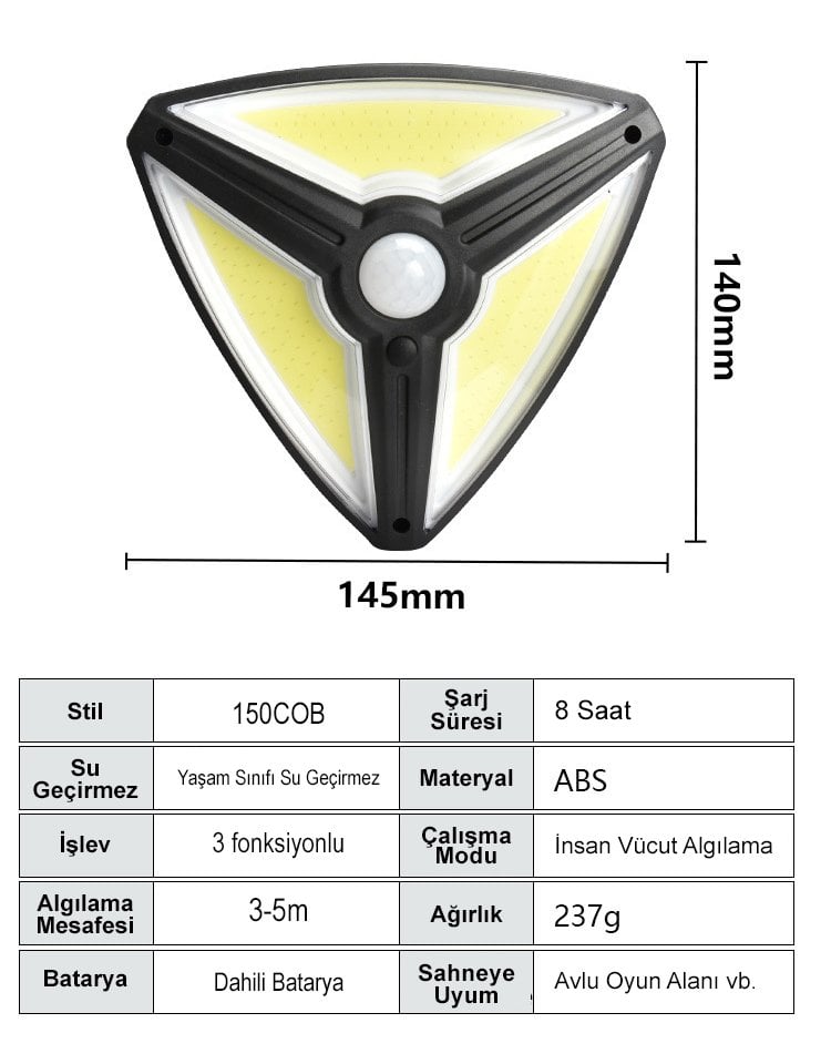  MX-1219B 150 Cob Ledli Sensörlü 3 Modlu Solar Duvar Lambası İçerik