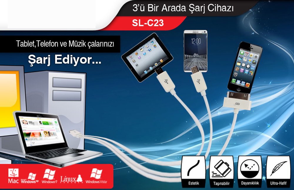 S-Link SL-C23 (iPhone 4-Samsung-5 Pinli) 3'lü Ahtapot Kablo