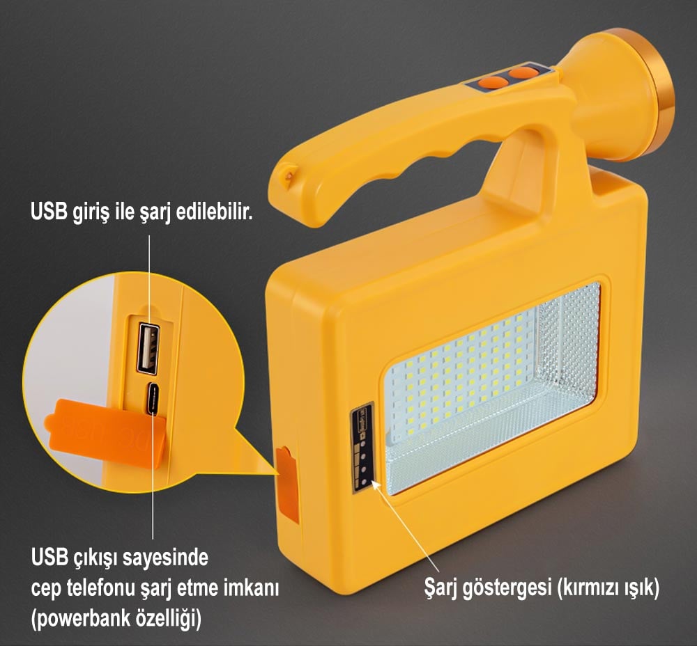 Solarlı Usb’li Şarjlı Taşınabilir Kamp Feneri PM-16044